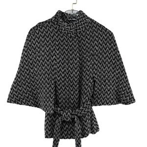 BB Dakota Black White Herringbone Tweed Belted Cape Jacket Goth, Vamp, Witchy